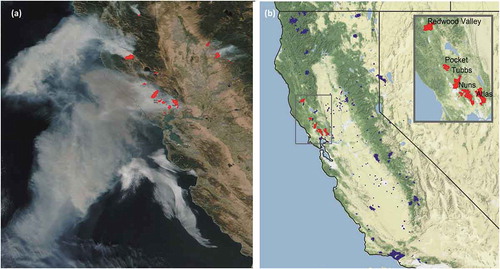 Figure 1. (a) Visible satellite imagery from the VIIRS instrument aboard Suomi-NPP and fire hot spot detections (red) from the VIIRS instrument aboard the Suomi-NPP satellite for October 9, 2017. The image is downloaded from NASA Worldview website. (b) Fire perimeters of the Atlas, Tubbs, Nuns, Redwood Valley, and Pocket wildfires (red). Other prescribed fires and wildfires occurring during the Oct 8–20, 2017 time period are shown in blue. Fire perimeters are from the GEOMAC system and hot spot locations are from the MODIS and VIIRS instruments aboard the Terra, Aqua and SUOMI-NPP satellites