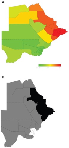 Figure 2 Total residual district spatial effects (A) and 95% posterior probability map (B) of the risk of HIV infection in Botswana.Citation3
