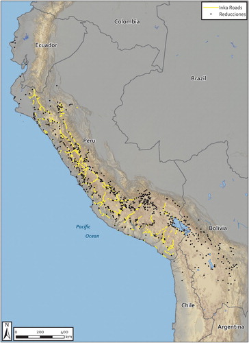 Figure 4. Located reducciones in relation to Inka imperial highway segments