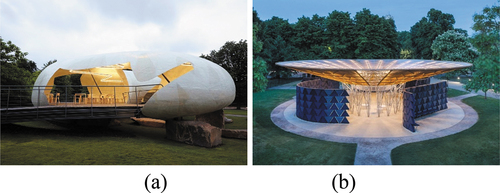 Figure 3. Serpentine gallery Pavilion as a combination of tectonic and representation (a) Radić (2014); (b) Kéré (2017).