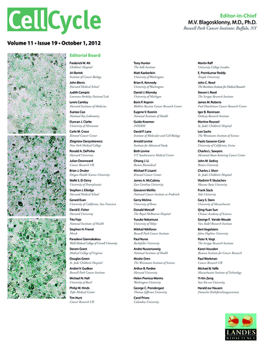 Figure 4. Cover of Cell Cycle Volume 11, Issue 19 (October 1, 2012).
