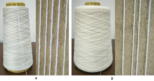 Figure 1. Photos of yarn used in research: (a) cotton; (b) wool.
