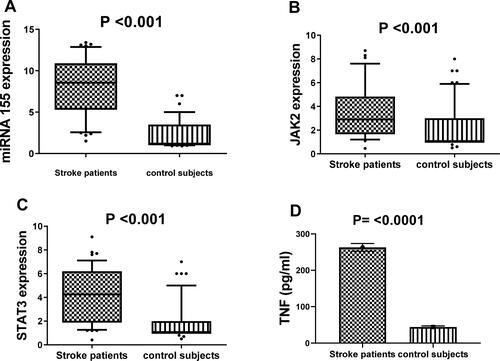 Figure 1 The relative expression level of miR-155 (A), JAK2 (B) and STAT3 (C), as well as the level of TNF concentration (D) among stroke patients and healthy controls.