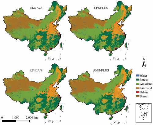 Figure 3. Simulated land use/land cover pattern by LPJ-FLUS, RF-FLUS, and ANN-FLUS for 2015.