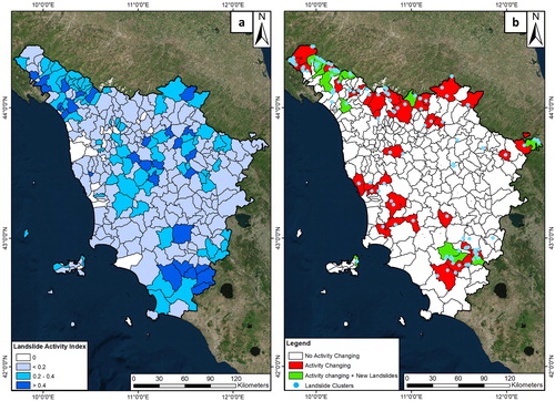 Figure 7. (a) shows the municipalities classified based on Landslide Activity Index. (b) shows in red the municipalities where the landslides changed their state of activity in “active” and, in green, if there are also new landslides in municipalities’ territories. Source: Author