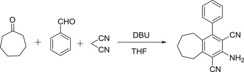 Scheme 61. Synthesis of 2-amino-4-aryl-6,7,8,9-tetrahydro-5H-benzo[7]annu-lene-1,3-dicarbonitriles.