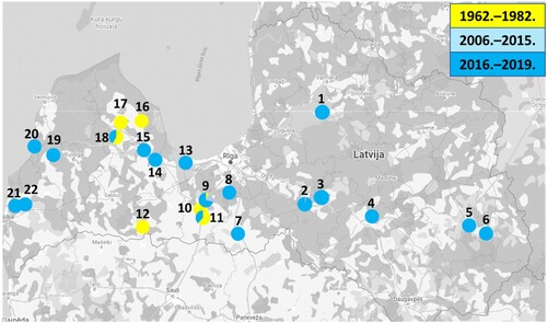 Figure 1. Sites in Latvia where bacteria isolation from legume nodules has been carried out. The percentage of the circle chart indicates the time period during which the bacteria were isolated at the specific sampling site. Sampling sites: 1. Priekuli; 2. Skriveri; 3. Koknese Municipality; 4. Kūka Parish; 5. Griškāni Parish; 6. Stolerova Parish; 7. Bauska; 8. Olaine Minicipality; 9. Jelgava; 10. Dimzas; 11. Peterlauki; 12. Vecauce; 13. Jurmala; 14. Tume Parish; 15. Pure; 16. Plavas; 17. Talsi; 18. Stende; 19. Edole Parish; 20. Jurkalne Parish; 21. Medze Parish; 22. Tadaiki Parish.
