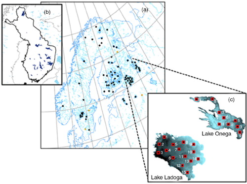 Fig. 1 (a) Location of the MODIS pixels over the northern lakes. Independent lakes are marked with orange dots. (b) Location of 27 lakes (dark blue polygons) with SYKE measurement sites in Finland. (c) Detailed view of the selected MODIS and AATSR pixels over the lakes Ladoga (left) and Onega (right).