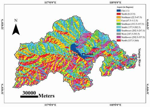 Figure 5. Slope aspect (in degrees) of Chaohu basin.