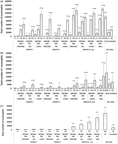 Figure 2. Total number of neutrophils in the BAL fluid after exposure to MWCNT and reference materials. Error bars indicate SD. (A) Day 1. (B) Day 28. (C) Day 92. *p < 0.05, **p < 0.01, ***p < 0.001 compared to vehicle controls. †: 54 > 6 μg/ml; ‡: 54 > 6 and 18 μg/ml; x: 18 > 6 μg/ml; ^: higher than the –OH form; ♦: higher than Group I; ♠: higher than Group II; ♣: higher than Group III.