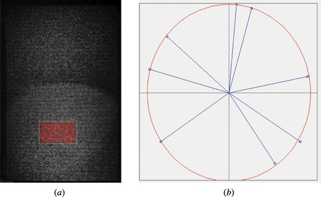 Figure 11 (a) Shearography image and the defined region of interest with 300 points used to compute the phase increments; (b) 2-D projection of the N-dimensional ellipsis from a set of eight shearography images with unknown phase shifts.