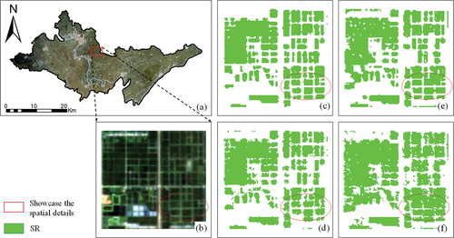 Figure 7. Results of rice mapping based on four methods at study site 2: (a–b) the original image and the local area (GF–6 on August 17, 2021); (c) Auto–ITSGBT–based rice mapping result; (d) TSRF–based rice mapping result; (e) DTW–based rice mapping result; (f) SWV-based rice mapping result.