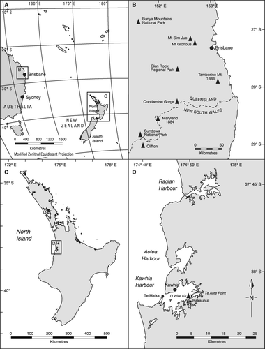 Figure 1  Distribution of Lepidium peregrinum in Australia and New Zealand showing key locations noted in the text. A, inset showing location of eastern Australia in relation to New Zealand and position of expanded maps B and C. B, Australian distribution of Lepidium peregrinum (from Scarlett 1999)—locations of historical (these dated by last known plant collection) and extant populations in South Queensland and along the border of Queensland and New South Wales given as filled triangles. C, North Island of New Zealand showing position of expanded map D. D, Western Waikato showing the three main western Waikato harbours, location of O Wiwi Ku island and other key areas discussed in text.