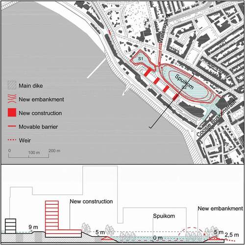 Figure 4. Spatial design strategy: the Spuikom Model; plan and prototypical section (elaboration: A. Bortolotti).