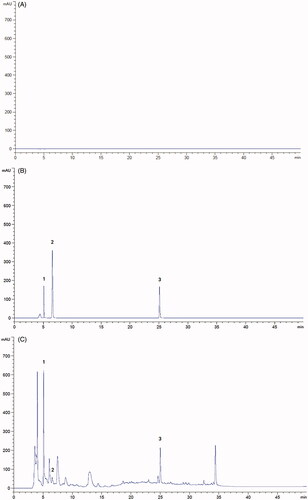 Figure 1. HPLC chromatograms of blank (A), reference substances (B) and the methanol extract of STR (C) (1 gallic acid, 2 protocatechuic acid, 3 trifolirhizin). A. HPLC chromatogram of the blank. B. HPLC chromatogram of the mixed standards. C. HPLC chromatogram of the STR extract.
