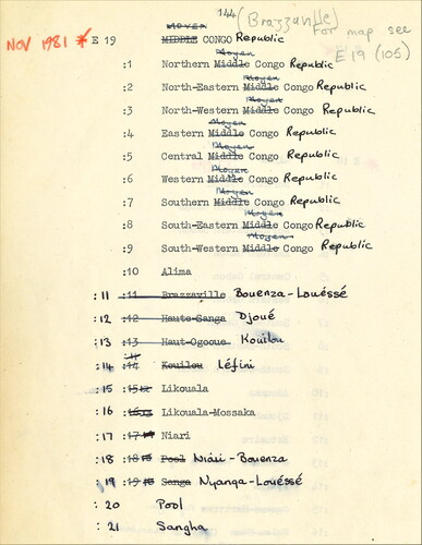 FIGURE 5. Classification for E19 Middle Congo in a Bodleian working copy of the 1946 manual, showing local amendments and updates to both class numbers and toponyms. ‘Nov 1981’ indicates the date at which this classification was superseded by that in the 1978 edition (Image: Bodleian Libraries).