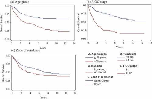 Figure 3. Overall crude survival of invasive cervical cancer according to (a) age group, (b) FIGO stage and (c) zone of residence – Martinique, French West-Indies, 2002–2011.