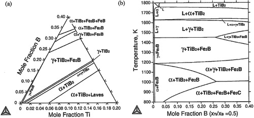Figure 1. Fe-rich portion of an isothermal section of the Fe–Ti–B ternary phase diagram at 1273 K from Tanaka and Saito [Citation42].