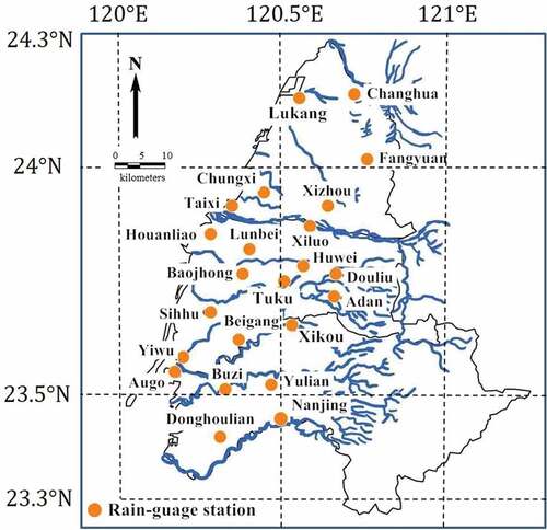 Figure 3. Raingauge stations in the Zhuoshui River basin.