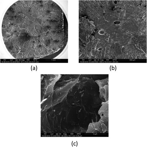 Figure 13. SEM images of tensile fracture surface of PBF-M-0.1%O2GNP-PAEK. Unsintered PAEK powders and cavities were left on the fracture surface in (a) and (b). GNPs were observed on the cavity surface in (c).