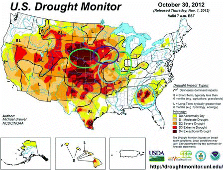 Figure 2. Map of drought conditions in 2012. The single study location for corn stover is in purple. Study locations for mixed perennial grasses are in blue and for Miscanthus × giganteus are in green. Map courtesy of the National Drought Mitigation Center at the University of Nebraska-Lincoln.