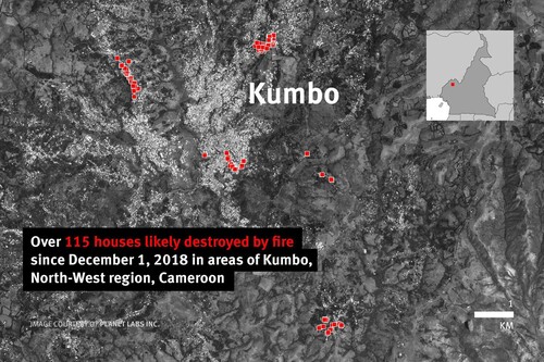 Figure 6. Over 115 houses likely destroyed by security forces since 1 December 2018 in Kumbo, Northwest Region, Cameroon. (Source: Planet Labs Inc. and Human Rights Watch, 2019). https://www.hrw.org/news/2019/03/28/cameroon-new-attacks-civilians-troops-separatists.