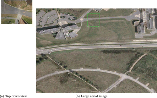 Figure 5. Example of top-down view localization in the aerial image. The top-down view T (a) is compared with the large aerial image A (b), and the green area denotes the found localization of T.