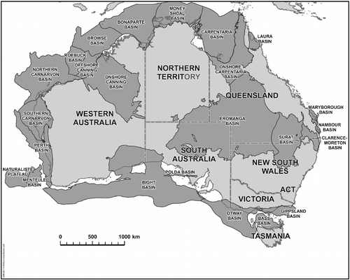 Fig. 1 Onshore and offshore Australian basins containing Jurassic sediments (prepared by Geological Survey of Queensland, courtesy of the Information Development and Analysis Services Group, Geoscience Australia).