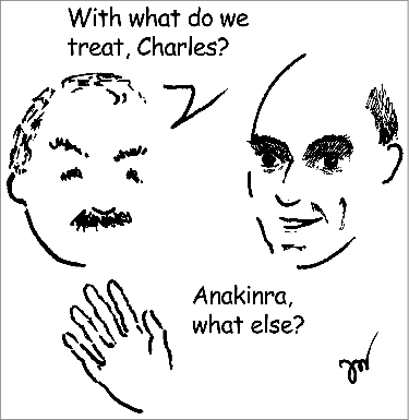 Figure 3. Charles Dinarello (right) and Jos van der Meer (cartoon by Jos van der Meer).