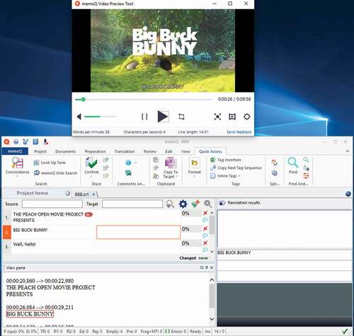 Figure 6. memoQ Video Preview tool and subtitle file opened in memoQ 9.1