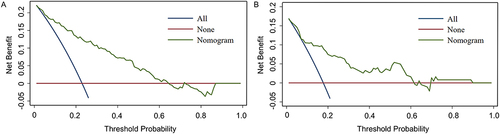 Figure 6 Decision curve analysis for the training cohort (A) and the validation cohort (B).