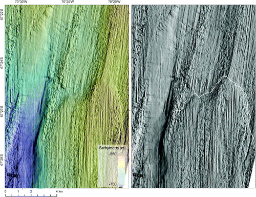 Figure 7. Example of grounding zone wedge on the outer shelf. Note the subtle difference in orientation of the MSGLs either side of the wedge crest (white line). The left-hand panel is the relief-shaded image and the right-hand panel shows the mapped landforms (colours are the same as in the main map). The relief-shaded image is x20 exaggeration and is shaded from the NE.