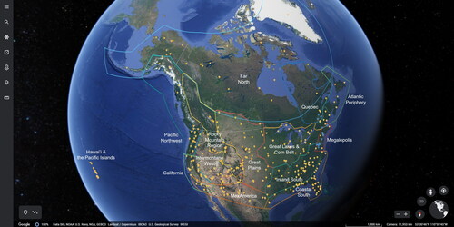 Figure 1. Fourteen North America Sub-Region Virtual Field Trips in Google Earth with the point locations of each stop included in each virtual tour, which include a mix of both physical geography and human geography examples in each sub-region. The fourteen sub-regions are based on the delineation from the textbook used in this course: Hardwick, Susan Wiley, Fred M. Shelley, and Donald G. Holtgrieve. 2013. The Geography of North America: Environment, Culture, Economy. Boston: Pearson. Map data: Google, Data SIO, NOAA, U.S. Navy, NGA, GEBCO Landsat / Copernicus, IBCAO, U.S. Geological Survey, INEGI.
