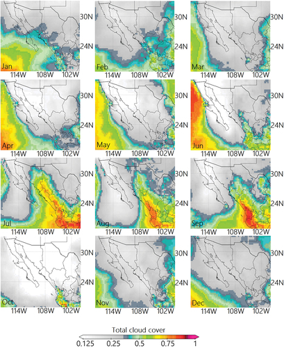 Figure 3. Monthly average of cloud cover fraction for 20 years (2001–2020), including five considered cloud species detected in MODIS.