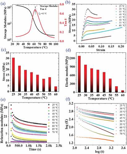 Figure 4. Mechanical properties of SMP (a) DMA test (b) Uniaxial tensile tests (c) Stress vs. Temperatures (d) Elastic moduli vs. Temperatures (e) Relaxation modulus vs. Time (f) Log E vs. log t.