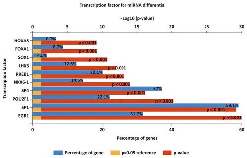 Figure 2 Enriched transcription factors by differentially expressed microRNAs target genes. The top 10 most significant transcription factors include EGR1, SP1, POU2F1, SP4, NKX6-1, RREB1, LHX3, SOX1, FOXA1, HOXA3.