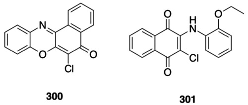 Figure 24. NAT8 inhibitors. 300, (6-chloro-5H-benzo[a]phenoxazin-5-one, 301, 2-chloro-3-(2-ethoxyanilino)-1,4-dihydronaphthalene-1,4-dione.