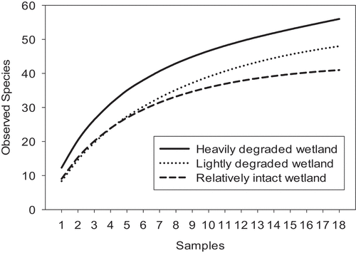 Figure 4. Sample-based rarefaction curves for the three wetland sites in the Lutembe Bay Wetland, Uganda. Samples represent plant species recorded in each quadrat.