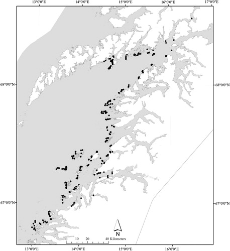 Figure 1. Map showing the 636 stations with kelp (Laminaria hyperborea) recorded in northern Norway (Nordland County), from Salten in the south (southernmost station at 66.8°N) to the Lofoten area in the north (northernmost station at 68.6°N).