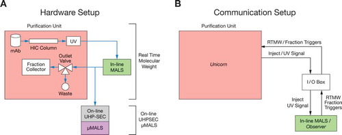 Figure 1. Experimental setup of both hardware and communication of coupling light scattering with purification system.a). The MALS detector was connected in-line, downstream of the purification unit. HIC purified samples were also sampled downstream of the in-line MALS by on-line UHPLC. On-line UHP-SEC-µMALS served as another application to monitor the fraction and molar mass of aggregates. The samples were separated by analytical SEC and evaluated using a UHP-SEC capable multi-angle light scattering detector (µMALS) and UV signal of the on-line UHPLC as the concentration source. b) The start or inject signal and the UV signal from the purification unit were sent to the in-line MALS via an I/O Box. The UV signal of the purification unit was the concentration source used to calculate Mw of the protein eluted from the HIC column. Real time molecular weight and start/stop trigger signals were sent by the in-line MALS detector to the purification system (via a voltage signal) for fractionation when the measured Mw fell between preset Mw ranges.