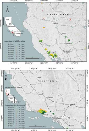 Figure 4. Spatial and temporal distribution of the detected wildfire points in (a) northern and (b) southern California. Figure (a) and (b) are the zoom-in areas in the black rectangles of the entire California in the inset maps, respectively. Wildfire points detected on the different dates from 7to31 October are rendered in different colors from dark green to red. Wildfire points that are not illustrated by the current figure (a or b) are rendered in the red color in the inset maps of the entire California illustrated on the left side of each figure.