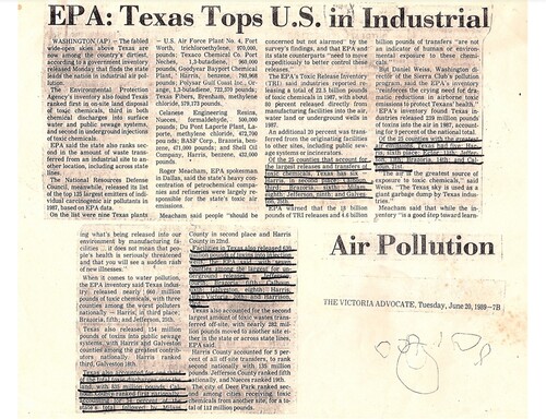 Figure 4 An excerpt of the 1989 news article in the Victoria Advocate through which Diane Wilson first learned about Calhoun County's toxic load.Footnote6 Her preservation of the article was the start of what has become a major amateur archiving initiative. Like in the human rights, migrant, and HIV/AIDS movements, amateur archivists have become critical to the environmental justice movement (Deutch and Habal Citation2018; Faulkner Citation2019; Caswell Citation2021; Cifor Citation2022; Tansey Citation2023). Image by Diane Wilson, used with permission.