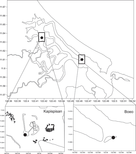 Figure 1. Map showing two sampling sites in New Washington, Aklan, Philippines (red dot: Bo-eo, Pinamuk-an, New Washington, Aklan; yellow dot: Kapispisan, Pinamuk-an, New Washington, Aklan).