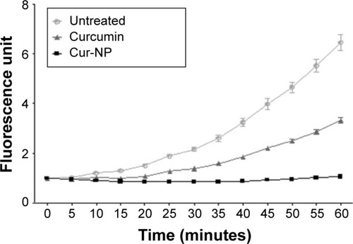 Figure 3 Development of an in vitro acellular method for measuring the antioxidant activity of Cur-NP.Notes: The oxidation probe H2DCF-DA and the ROS donor THBP were put into an empty 96-well plate. Then free or formulated curcumin (2 µM) was added and fluorescence of the probe was followed for 60 minutes. The Cur-NP was more antioxidant than free curcumin. Results are expressed in mean ± SEM.Abbreviations: H2DCF-DA, 2′,7′-dichlorodihydrofluorescein diacetate; ROS, reactive oxygen species; THBP, tert-butyl hydroperoxide; PLGA, poly-lactic-co-glycolic acid; Cur-NP, curcumin-loaded PLGA-based nanoparticles; SEM, standard error of the mean; NP, nanoparticles.