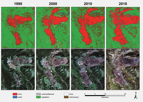 Figure 4. Example A map showing mine change over time and corresponding imagery. It is clear that the area of “rock/outcrop” increases over time and between the annual classifications.