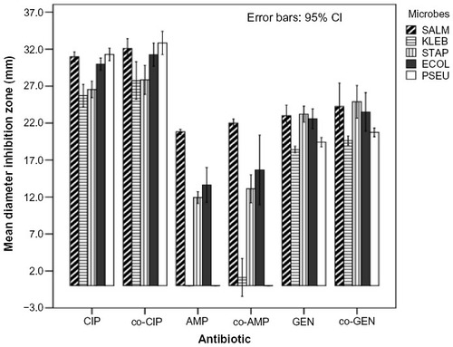 Figure 2 Antibacterial profiles of control antibiotics and test batches of CIP, AMP, and GEN.