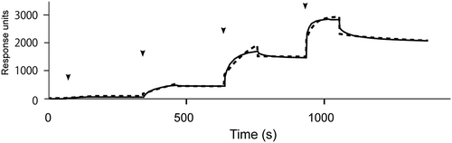 Figure 4. SPR analysis of the interaction of ox-LDL with immobilized protamine.Sensorgram for ox-LDL with protamine immobilized on a sensor chip. Arrows indicate injection points of sequentially diluted ox-LDL (0.64, 3.2, 16, 80, 400 nM). Dashed line indicates data fitting result.