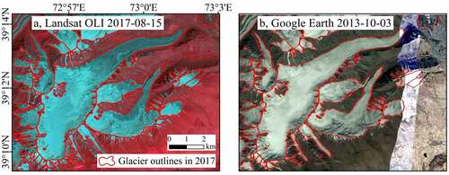 Figure 2. Manual delineation of clear glacier outlines: (a) false-color composite landsat image (bands 7, 2, 3 as RGB) and (b) Google Earth image.