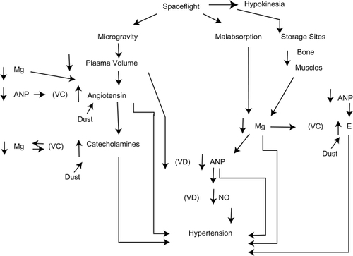 Figure 1 Proposed mechanisms showing how decreased atrial natriuretic peptide can cause severe hypertension secondary to dust inhalation, microgravity, and hypokinesia.
