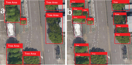Figure 3. Comparison between tree areas and individual trees recognition: (a) tree areas recognition is to identify trees as a whole group; (b) individual trees recognition is to segment each tree.